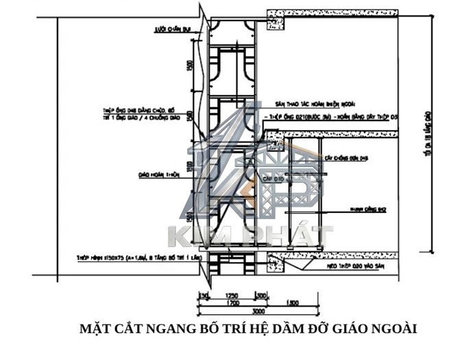 Mặt cắt ngang bố trí hệ dầm đỡ giáo bao che